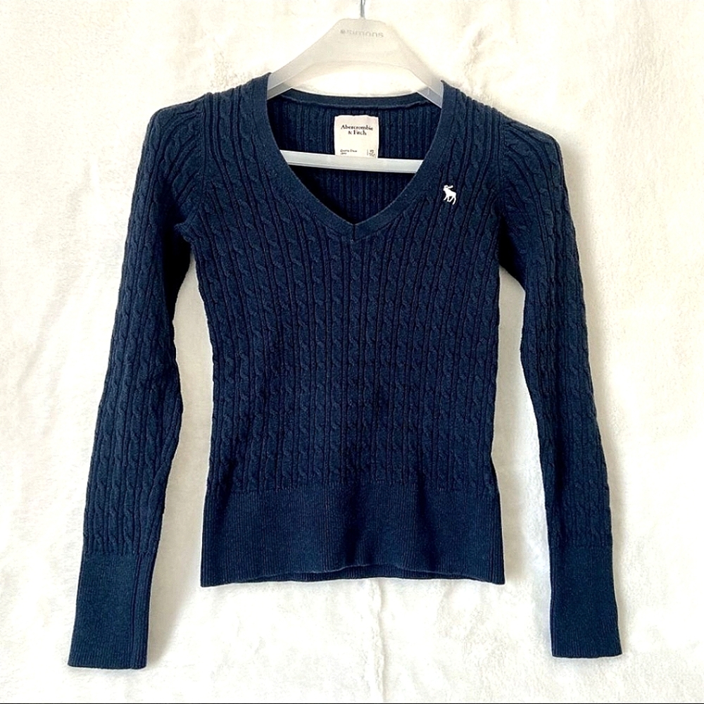 A&F Navy Cable Knit V-Neck Sweater